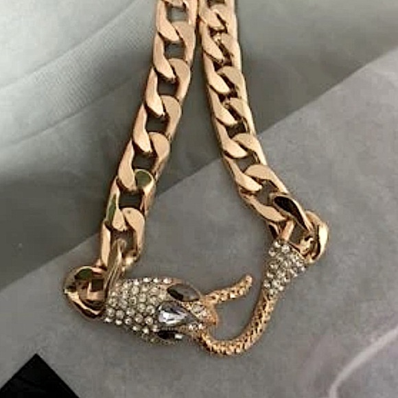 Gold Snake Serpent Cuban Chain Link Zircon Choker Necklace - Picture 7 of 11